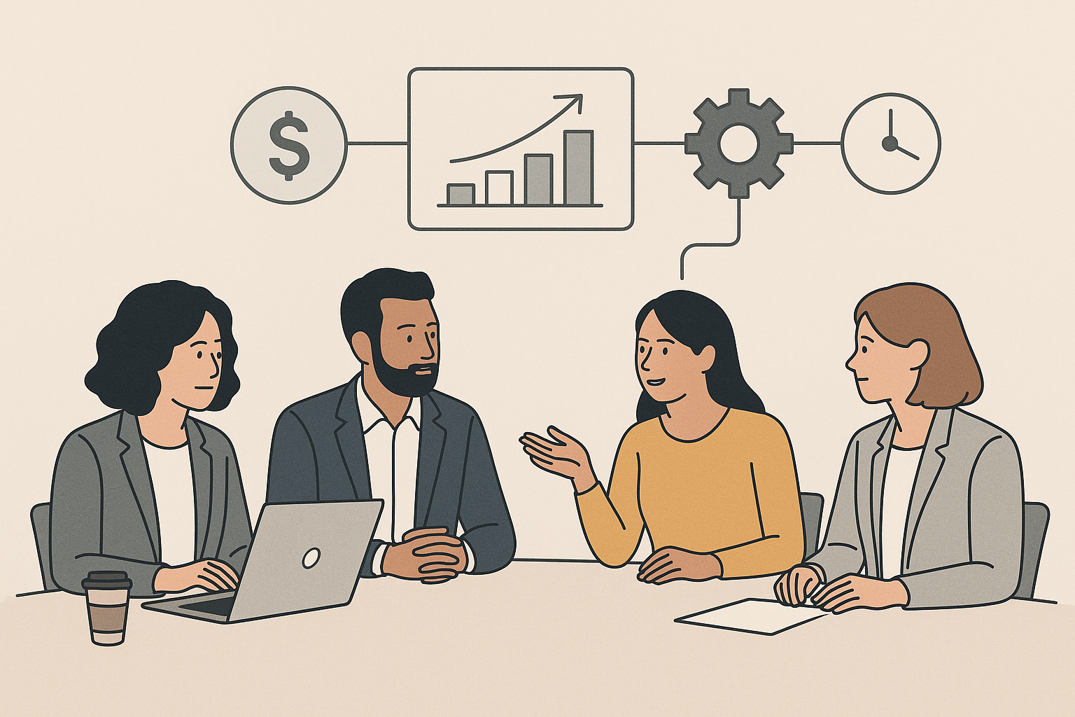 Ilustración de un emprendedor usando una laptop, con íconos de finanzas, IA y automatización conectados sobre fondo claro